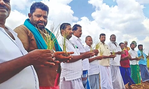 Farmer Rajkumar participating in a protest for water in Nagapattinam recently