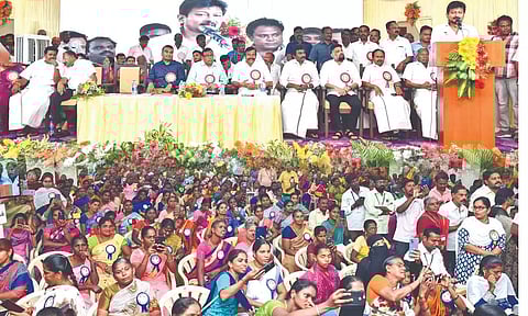 Minister Udhayanidhi Stalin addressing at a function to distribute debit cards under KMUT scheme in Salem on Wednesday
