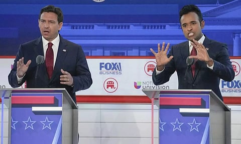 Republican presidential candidates, Florida Gov. Ron DeSantis (left) &amp; entrepreneur Vivek Ramaswamy (right), both speaking during a Republican presidential primary debate. (AP)