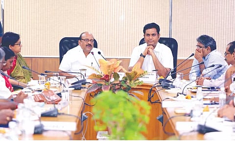 Ministers TM Anbarasan and TRB Rajaa at a meeting with members from MSME sector (file photo)