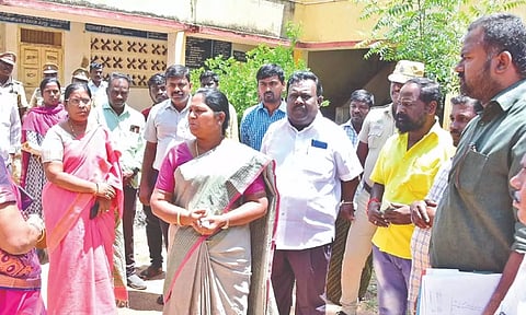 N Kayalvizhi Selvaraj inspecting the site identified for AD welfare hostel in Tiruchy on Saturday