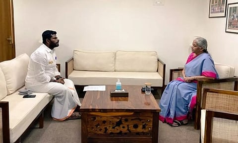 K Annamalai interacting with Nirmala Sitharaman in New Delhi on Monday