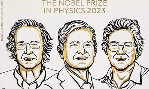 Nobel Prize winners in Physics - Pierre Agostini (left), Ferenc Krausz (middle), Anne L'Huillier (right). ANI