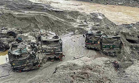 Indian Army vehicles, which were swept away in the October 4, 2023 flash floods in North Sikkim district. (PTI)