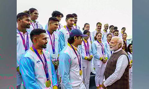 PM Modi interacts with Javelin ace Neeraj Chopra at Major Dhyan Chand Stadium