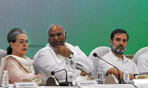 Sonia Gandhi, Mallikarjun Kharge and Rahul Gandhi. (PTI)