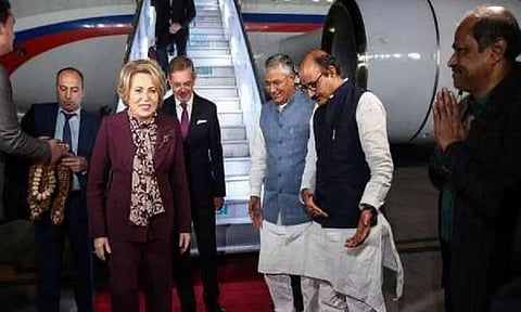 Russian Upper House Speaker Valentina Matvienko arrives in New Delhi