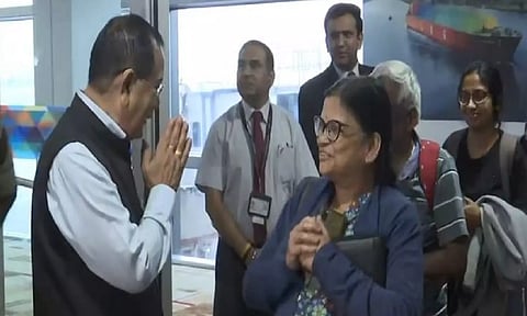 MoS MEA Rajkumar Ranjan Singh receives the Indian nationals evacuated from Israel (ANI)