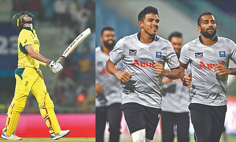 Pat Cummins; Chamika Karunaratne (right) and Maheesh Theekshana attend a practice session.&nbsp;