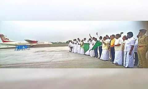 Ministers KN Nehru and R Sakkarapani flagged off the Alliance Air flight.&nbsp;