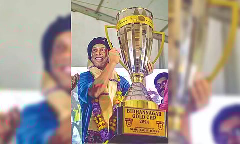 Ronaldinho during his visit to Sree Bhumi Sporting Club on Monday.