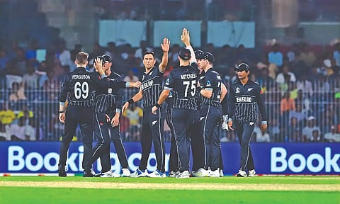Trent Boult and team celebrate after picking an Afghanistan wicket.&nbsp;