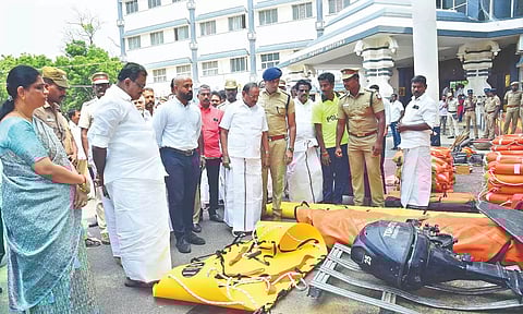 Minster S Regupathy inspecting equipment kept for tackling monsoon in Nagapattinam on Thursday.
