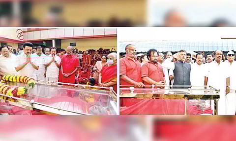 Chief Minister MK Stalin and Governor RN Ravi (right) pay homage to Bangaru Adigalar at Melmaruvathur on Friday.