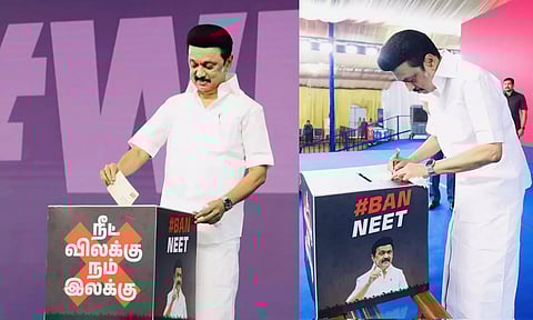 TN CM MK Stalin launched the "50 lakh signature" campaign by inking the first signature at the event organized by the youth, student, and medical wing of the DMK here on Saturday.

