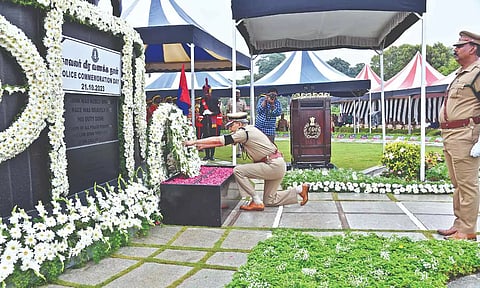 DGP Shankar Jiwal pays respect to martyrs at TN Police headquarters on Saturday.