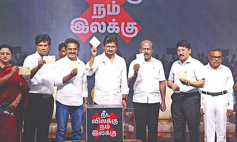 Minister Udhayanidhi Stalin at the inauguration of anti-NEET signature drive in Chennai on Saturday.
