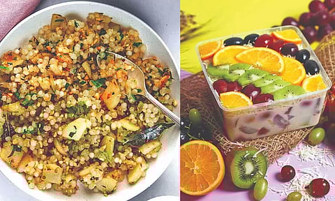 Sabudana Khichri; Fruit salad with yogurt dressing