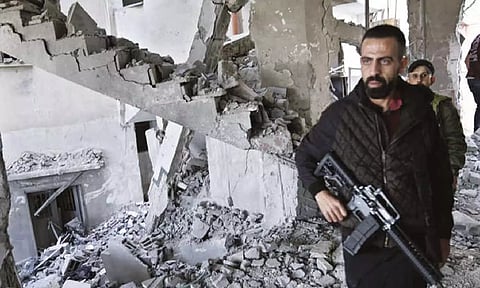 Damaged mosque in Jenin refugee camp in West Bank