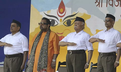 RSS chief Mohan Bhagwat at the party's Dussehra rally in Nagpur. (PTI)
