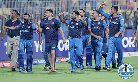Afghanistan players taking a victory lap around Chepauk Stadium after their historic win over Pakistan. (Photo credit: Manivasagan N)