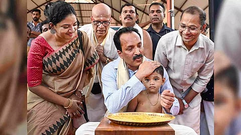 Somanath at the Pournami Kavu temple as part of the Vidyarambam ceremony on Vijayadasami (Photo/PTI)