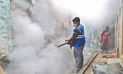 File photo of a GCC worker fogging in a neighbourhood