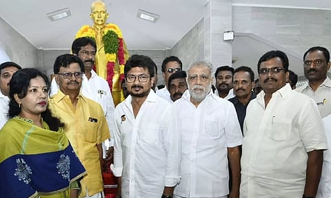Minister Udhayanidhi Stalin pays homage to John Pennycuick at the memorial in Theni on Wednesday