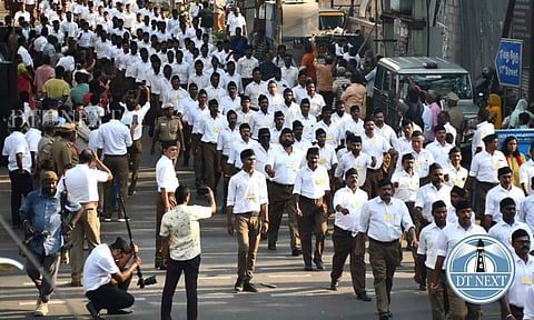Members of Rashtriya Swayamsevak Sangh (RSS) carry out a route march in Korattur, Chennai. (Hemanathan M)