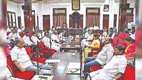 Mayor R Priya and GCC Commissioner J Radhakrishnan chairing the GCC Council meeting on Tuesday