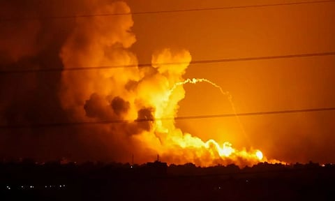 Smoke and flames rise during Israeli strikes in the Gaza Strip, as seen from the Israeli side of the border with Gaza (Image: ANI)
