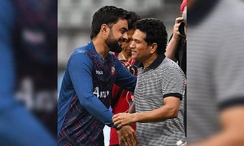Rashid Khan greets ICC Ambassador Sachin Tendulkar during his visit to their practice session in Mumbai few days ago