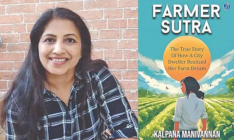 Organic farmer Kalpana Manivannan; 'Farmer sutra' book cover