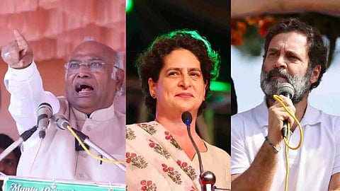 Congress President Mallikarjun Kharge, party leaders Rahul Gandhi and Priyanka Gandhi Vadra&nbsp;