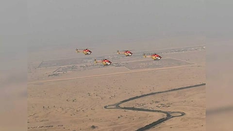 IAF Sarang Helicopter team at Dubai Air Show (Photo/ X@IAF_MCC)