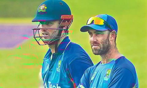 Mitchell Marsh and Glenn Maxwell during a practice session ahead of the South Africa match