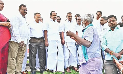Minister Siva V Meyyanathan inspecting the damage in Mayiladuthurai on Thursday