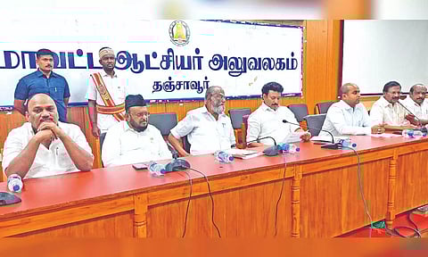 Minister Anbil Mahesh Poyyamozhi chairs the meeting on Friday