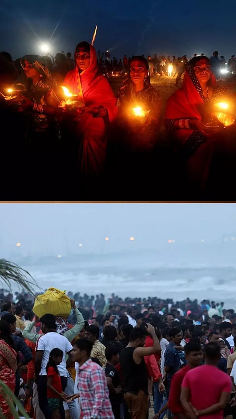 On the occasion of Chhath Pooja, devotees perform rituals on the shore of Marina in Chennai.