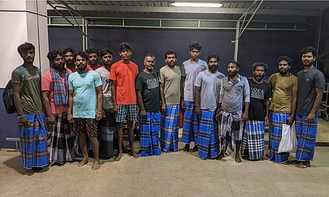 Fifteen fishermen released from Sri Lankan prisons at the Chennai airport. (ANI)