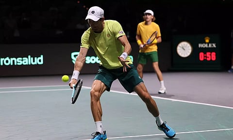 Australia's Matthew Ebden and Max Purcell in action during their quarter final match against Czech Republic's Jiri Lehecka and Adam Pavlasek