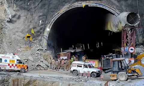 An ambulance arrives at the tunnel where workers are trapped after the tunnel collapsed in Uttarkashi (File photo)
