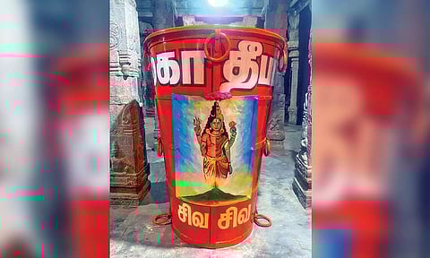 The cauldron, which will be taken to the top of Annamalai hill for the Maha Deepam fest on Saturday