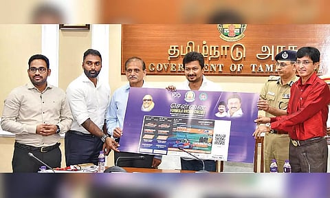 Minister Udhayanidhi Stalin receiving the first ticket for the Island Ground Formula4 race scheduled on December 9 and 10