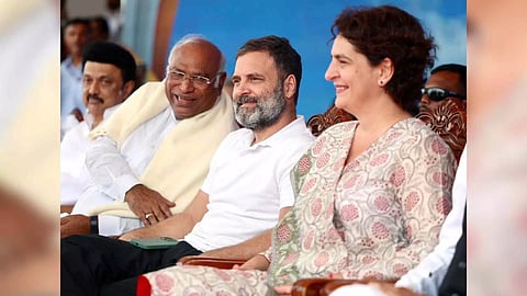 Congress chief Mallikarjun Kharge, party leaders Rahul Gandhi and Priyanka Gandhi Vadra