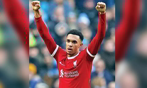 Trent Alexander-Arnold celebrates after scoring the equaliser against Manchester City at Etihad Stadium