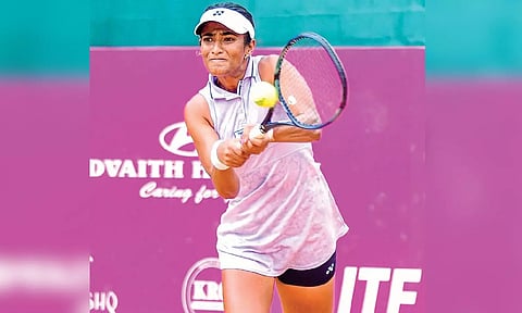 Rutuja Bhosale returns a shot in the quarter-finals against Zhibek at the ITF tournament