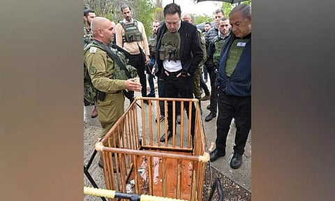 Elon Musk tours Kibbutz Kfar Aza with Israel PM Benjamin Netanyahu. (X/@netanyahu)