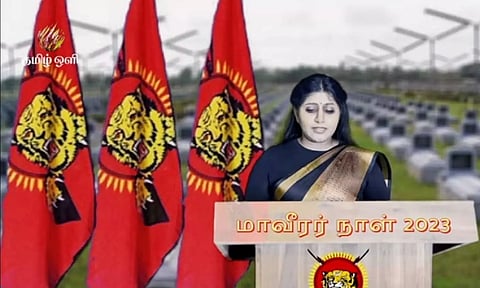 Woman identified as 'Dwaraka', daughter of slain LTTE leader Prabhakaran, during the live stream.