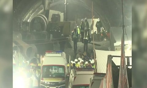 Rescue operation underway at the Silkyara tunnel in Uttarkashi where workers have been trapped since November 12. (ANI)